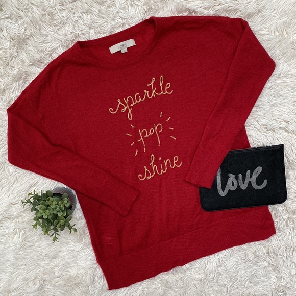 Loft Sparkle Pop Shine Embroidered Sweater 💗 Red & Gold - Picture 1 of 16